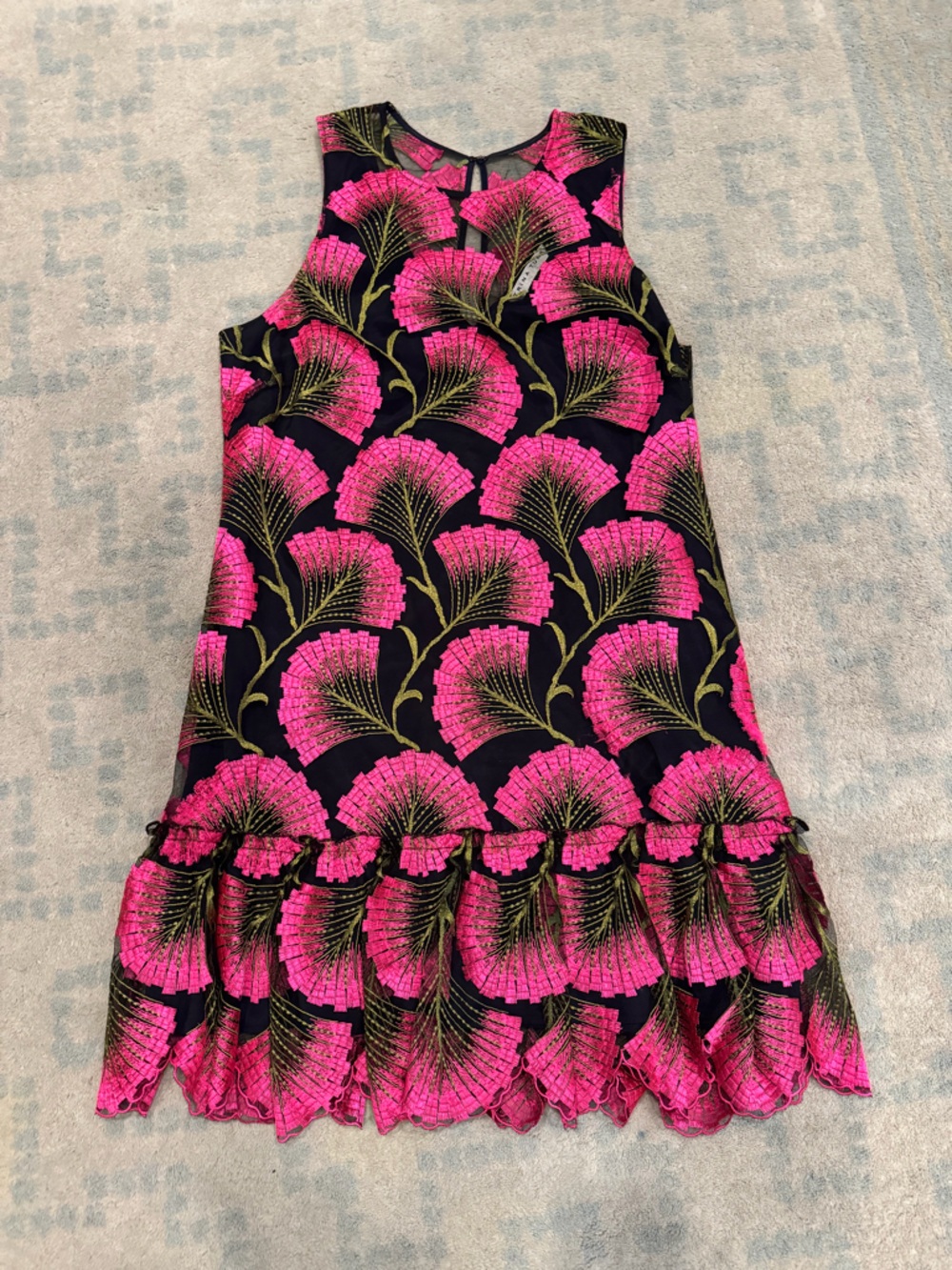 Trina Turk Navy Dress with Hot Pink and Green Fan Print